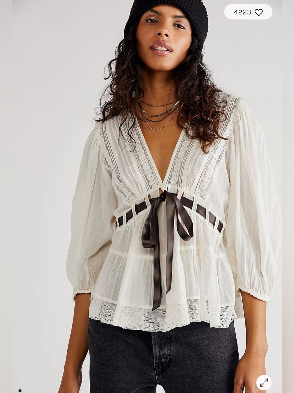 Free People Ivory Lace Peplum Blouse with Navy Ribbon